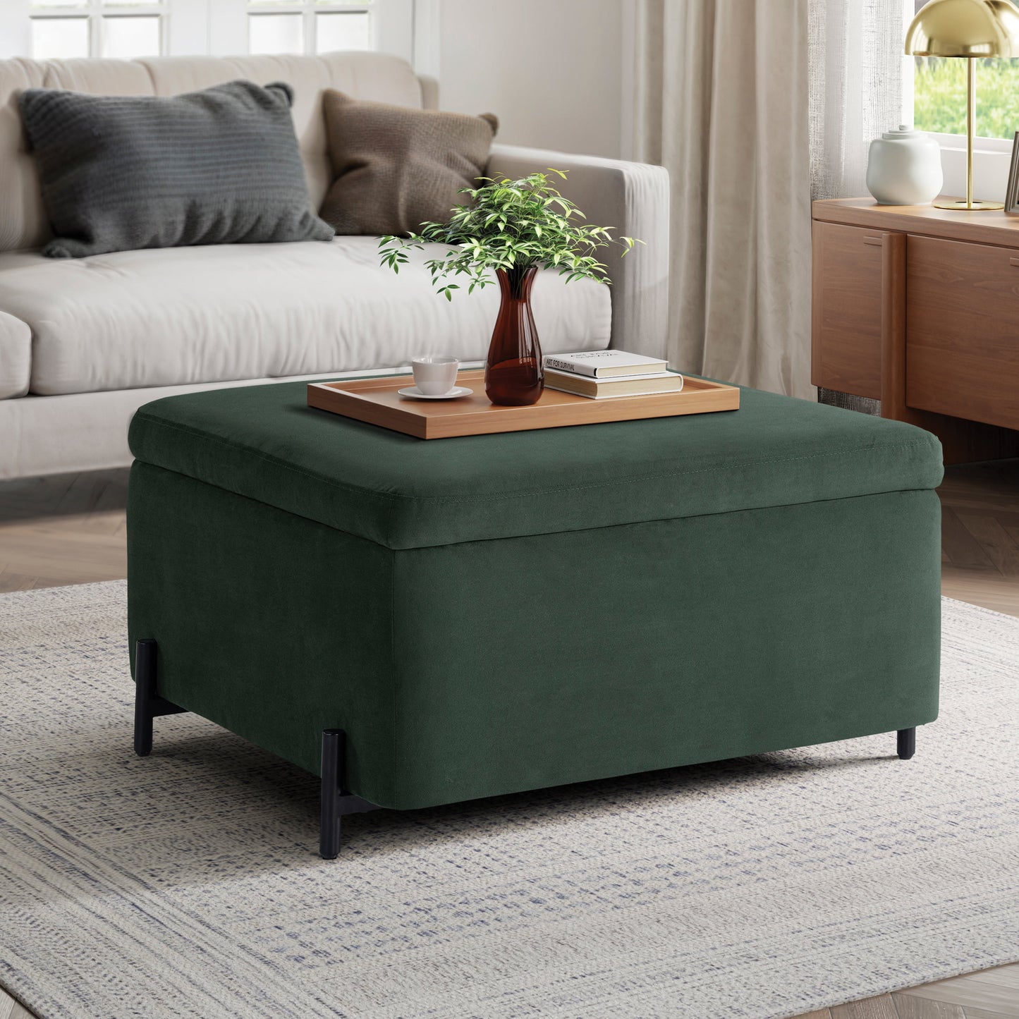 Studio Living Kingston Modern Large Storage Ottoman, Green Velvet Fabric