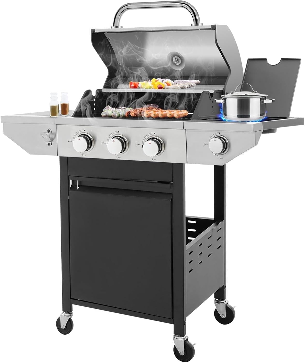 Syngar 4-Burner BBQ Propane Gas Grill with Thermometer & Grill Brush, 34000 BTU Garden Barbecue Grill with Two Foldable Shelves and Gas Regulator for Outdoor BBQ and Camping