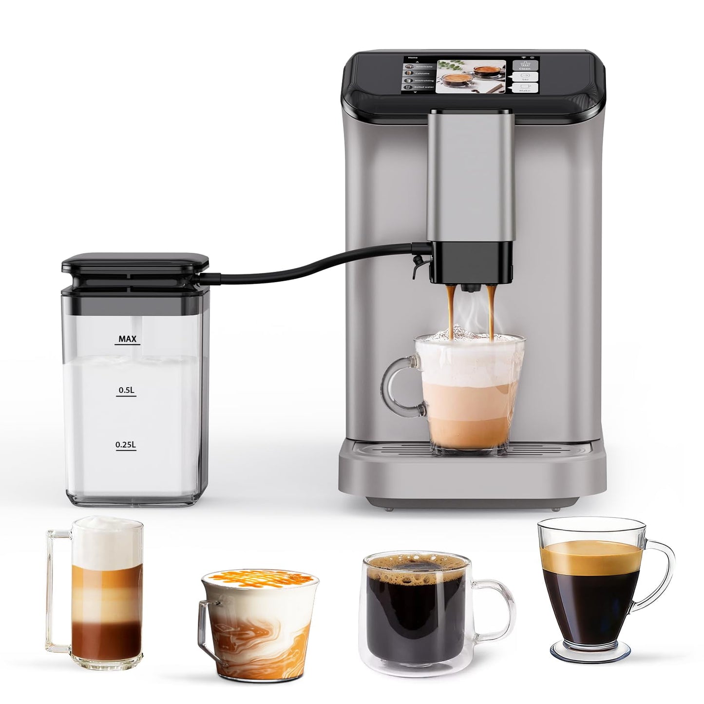 TROPOW Fully Automatic Espresso Machine, Automatic Milk Frother, Coffee Machine with Intuitive Touch Display for Latte, Cappuccino, Iced Coffee, Built-in Grinder, 1.5L Water Tank, for Home Office