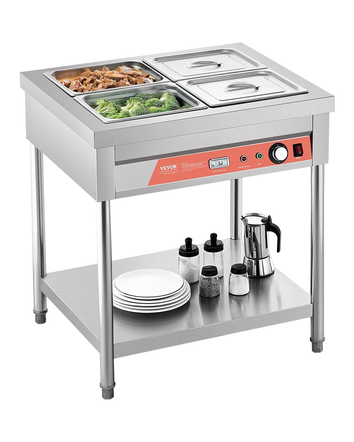 VEVOR 4-Pan Commercial Food Warmer, 4 x 1/2 Pans Electric Steam Table, 1500W Professional Buffet Catering Food Warmer with Undershelf, Stainless Steel Server