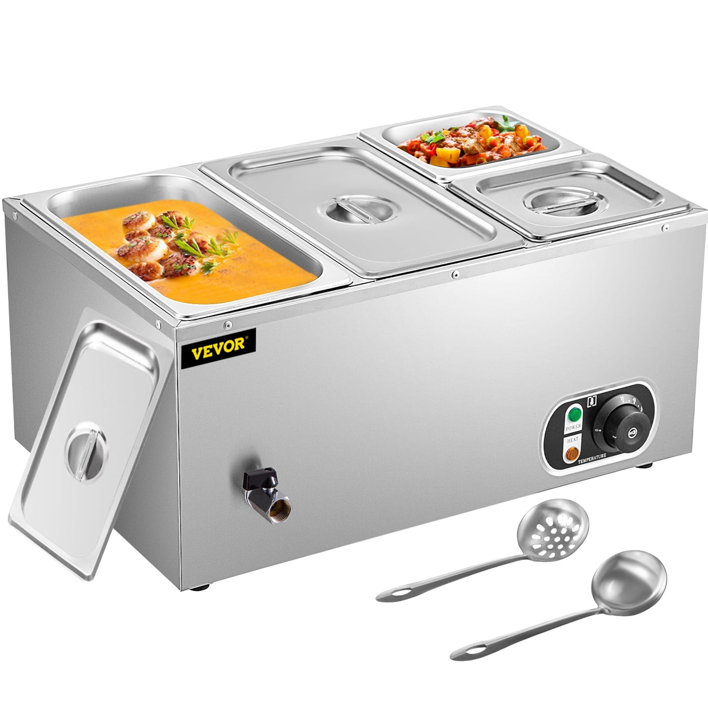 VEVORbrand Commercial Food Warmer 2x1/3GN and 2x1/6GN, 4-Pan Stainless Steel Bain Marie 24 Qt Capacity,1500W Steam Table 15cm/6inch Deep,Temp. Control 86-185?, Electric Soup Warmer