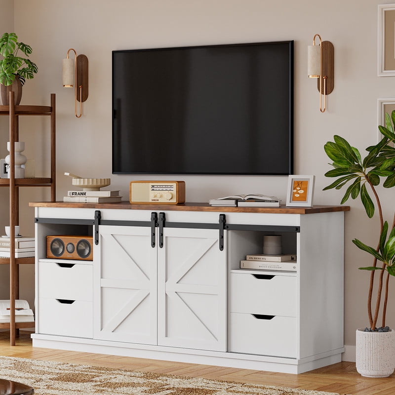 Vineego 70 inch Farmhouse TV Stand for Living Room, Entertainment Center with Sliding Barn Doors & 4 Storage Drawers, Adjustable Shelves Rustic Media Console for Bedroom,White