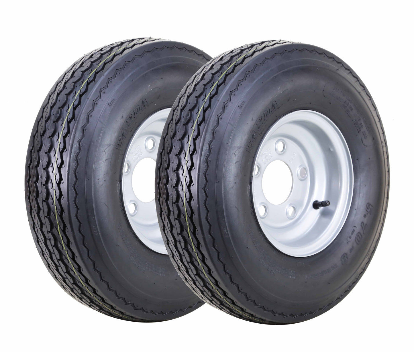 WANDA Trailer Tire Wheel Assembly 5.70-8 6-Ply C 77M w/ 5 Lugs on 4.5" PCD Silver Rim Installed ,SET 2