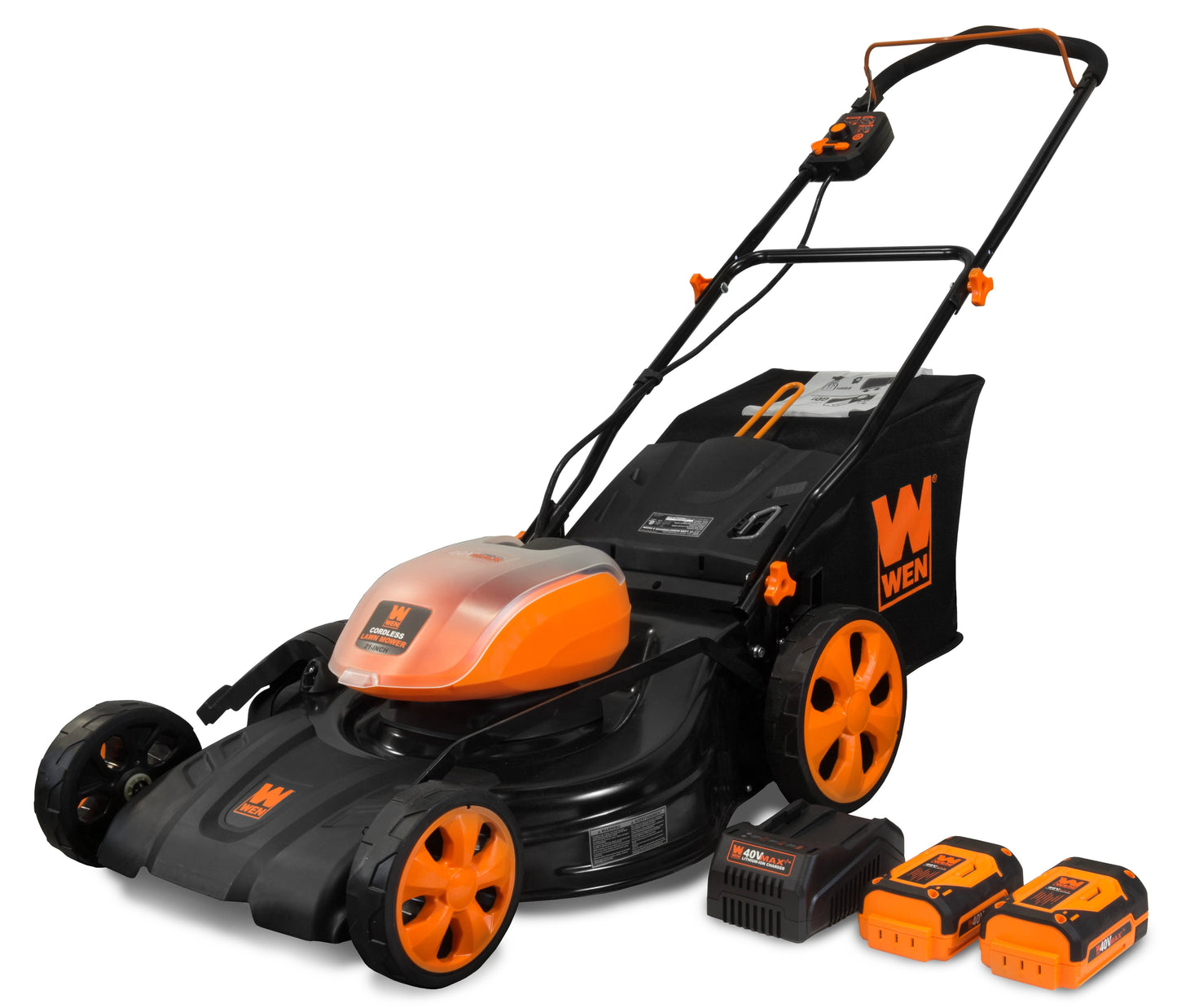WEN 40V Max Lithium Ion 21-Inch Cordless 3-in-1 Lawn Mower with Two Batteries, 16-Gallon Bag and Charger
