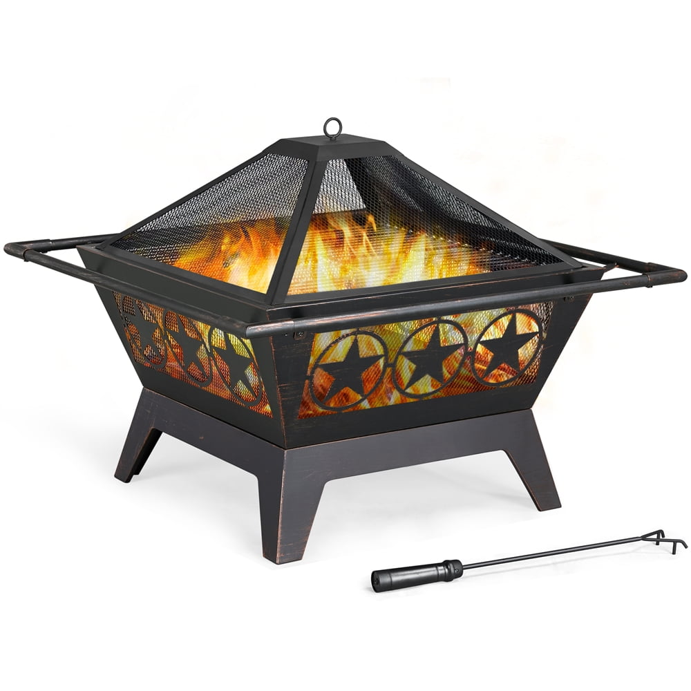 Yaheetech 32" Iron Fire Pit with Mesh Cover Grills Poker for Patio
