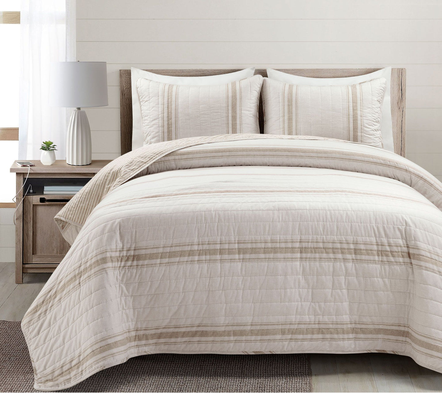 Farmhouse Stripe Rev Cotton Quilt Set F/Q by Lush Decor