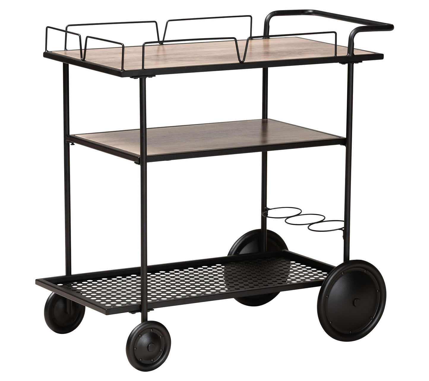 Huntley Walnut Brown Wood and Black Metal Mobil e Wine Cart