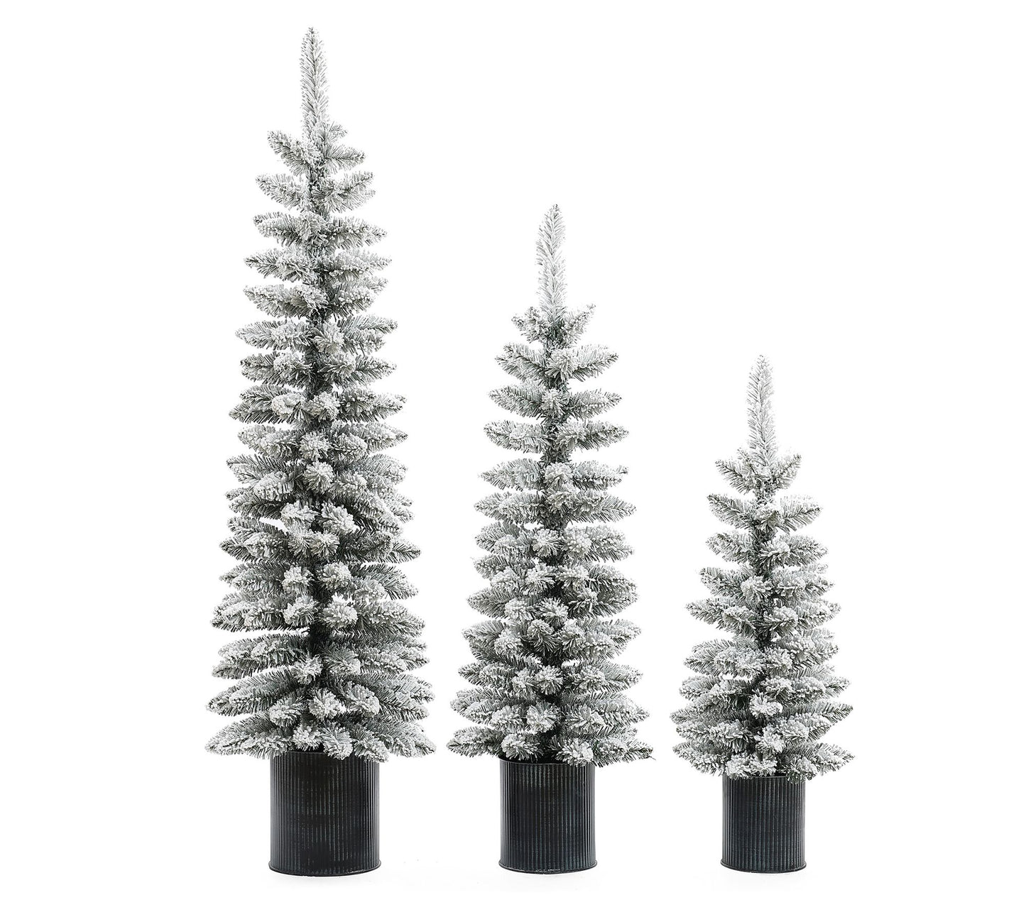 LuxenHome Set of 3 Flocked Christmas Trees with Metal Pots