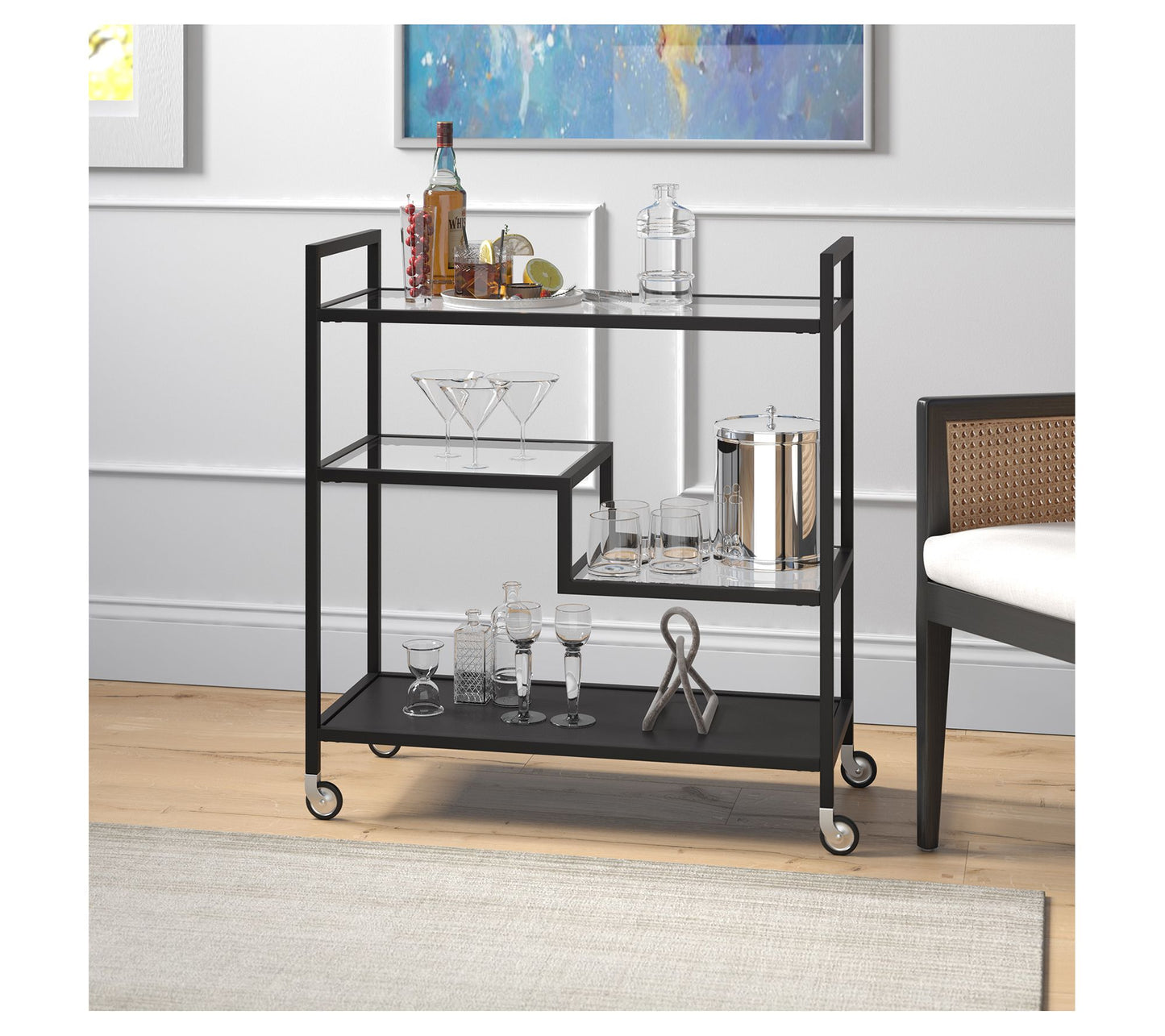 Hudson & Canal Lovett 33" Bar Cart with Glass &Metal Shelves