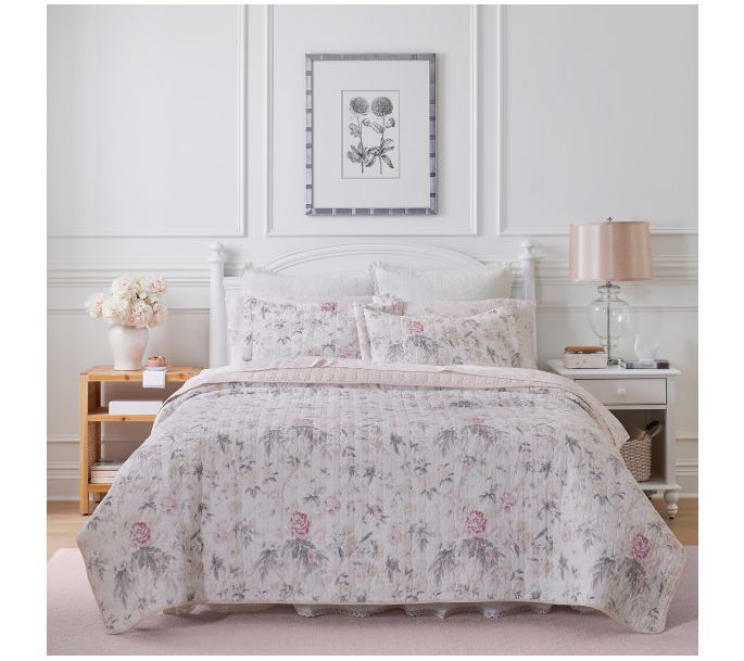 Laura Ashley Breezy Floral Grey Full Queen Quilt-Sham Set
