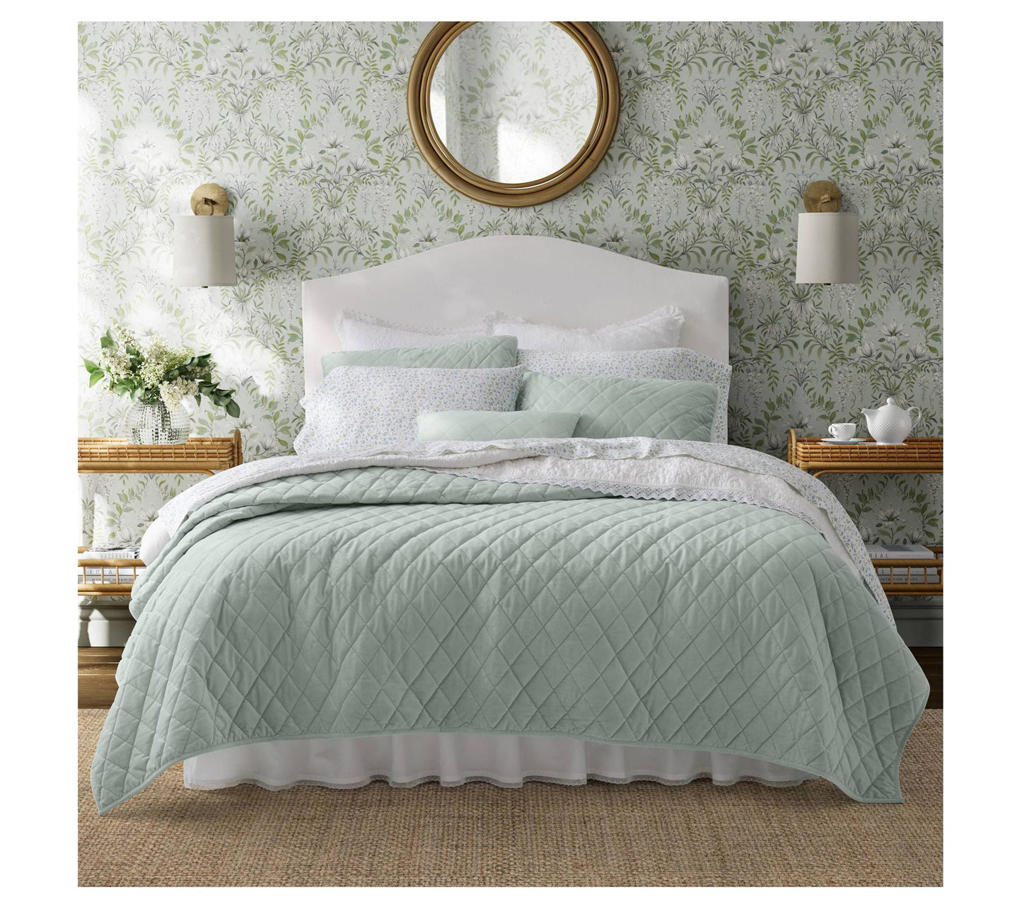 Laura Ashley Diamond Stitch Light-Green Twin Quilt Sham Set