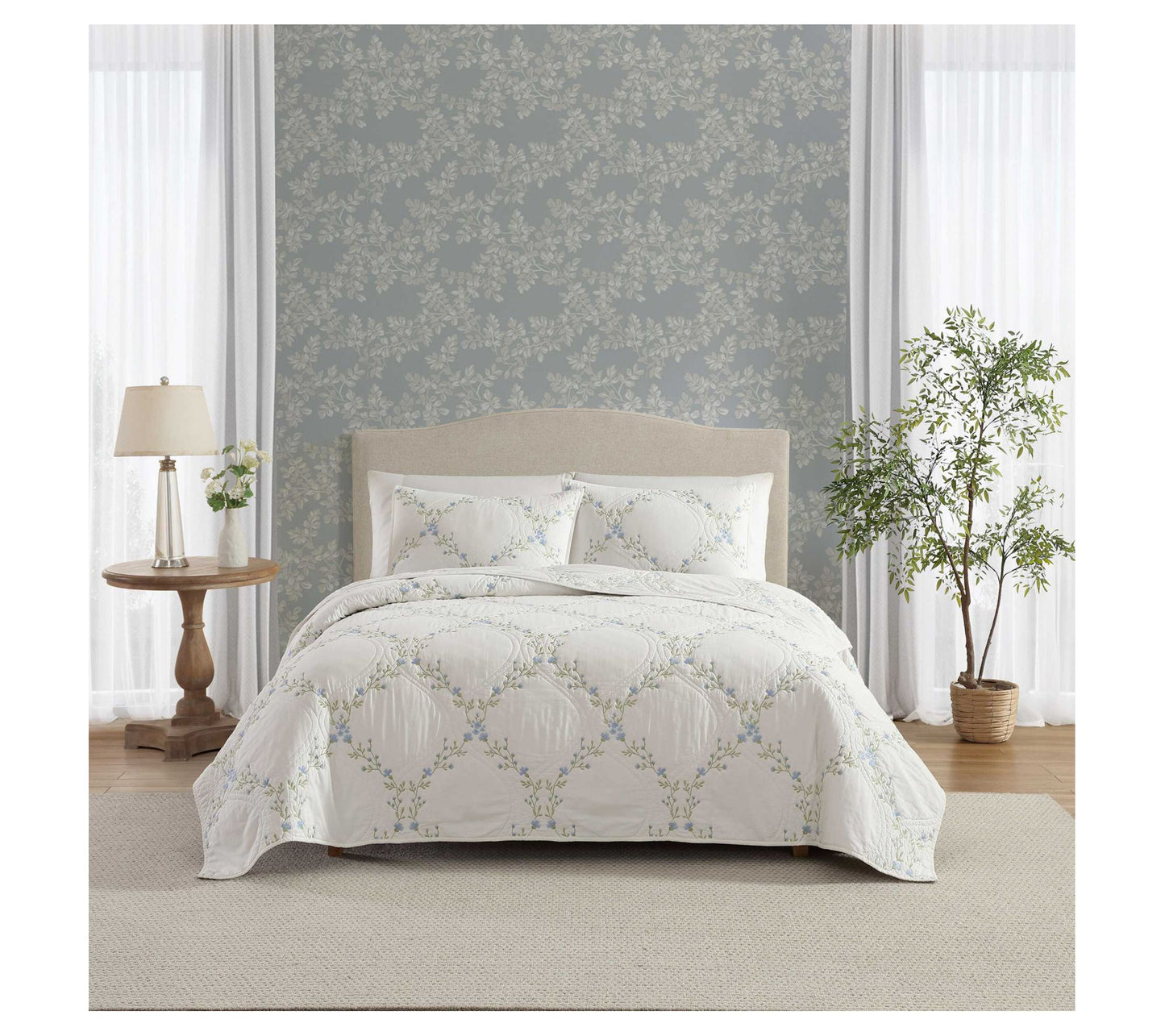 Laura Ashley Floral Embroidery Blue King QuiltSham Set