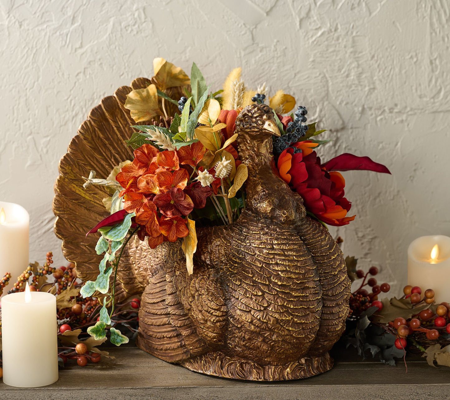 Home Reflections 16" Metallic Turkey w/ Faux Floral Arrangment