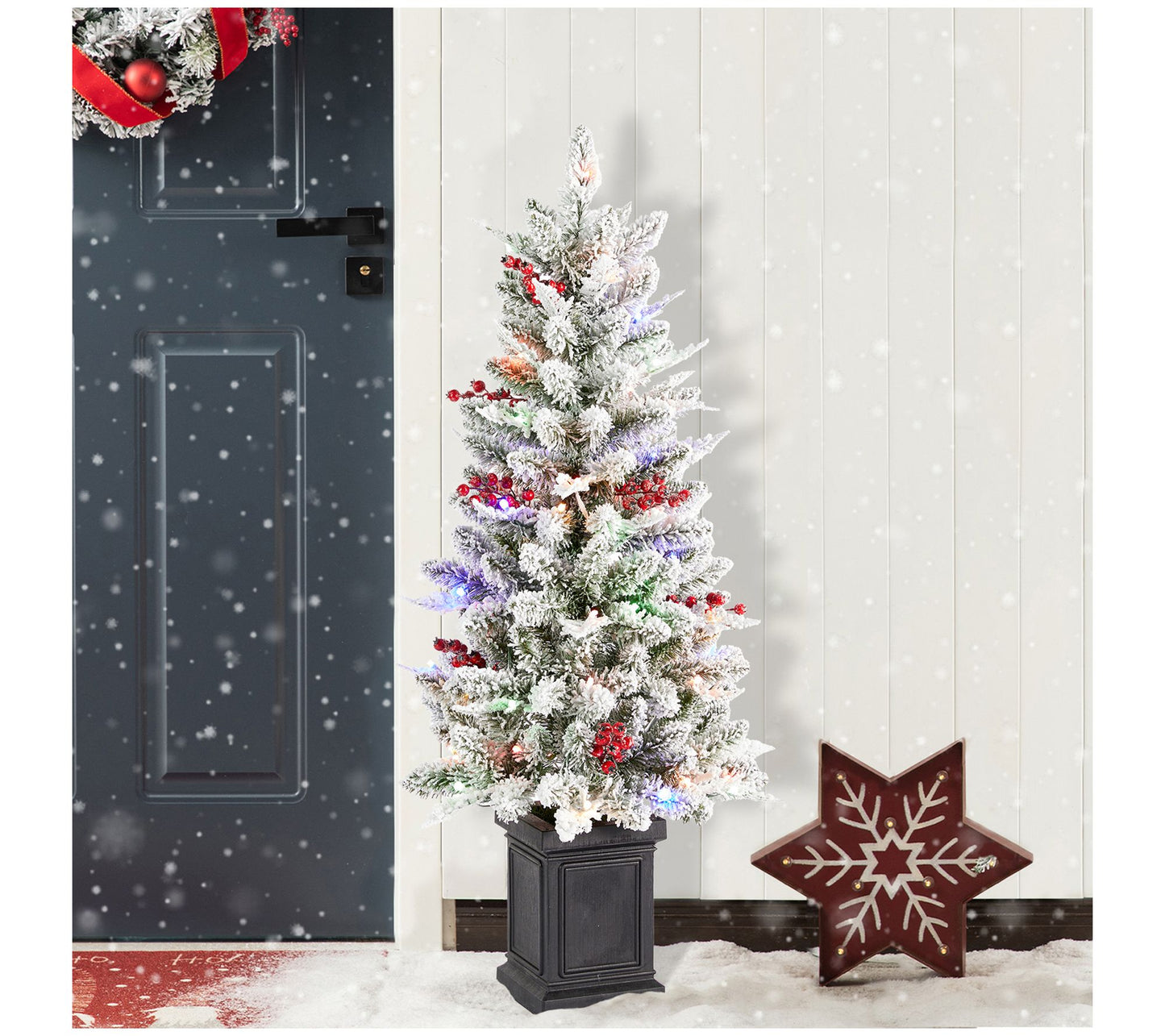 Glitzhome 4' LED Pre-Lit Flocked Faux ChristmasPorch Tree