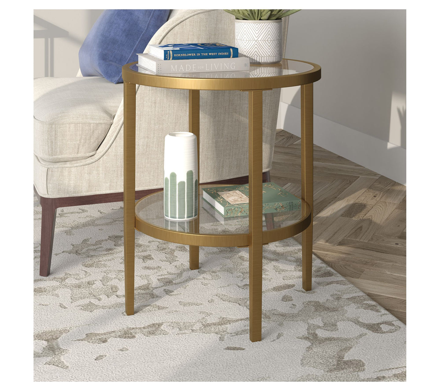 Hudson&Canal Hera 20" Wide Round Side Table with Glass Shelf