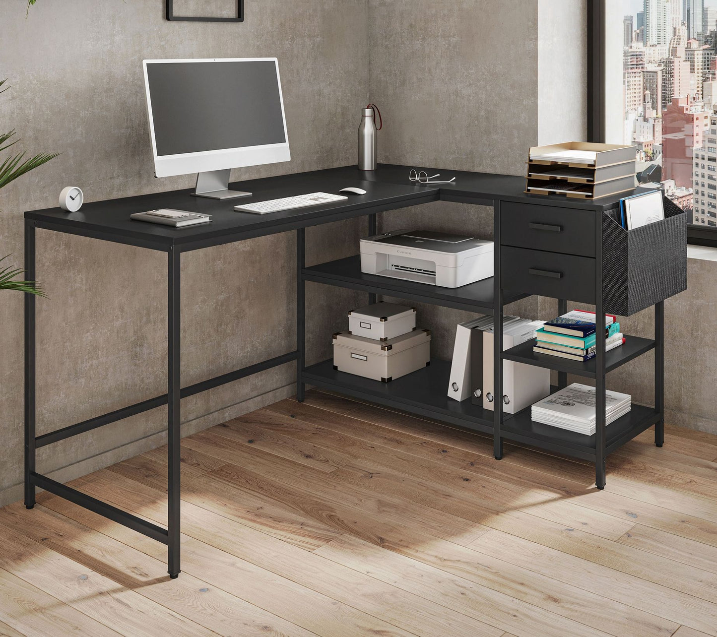 Techni Mobili Modern L-Shaped Desk w/ Storage Shelve & Drawer
