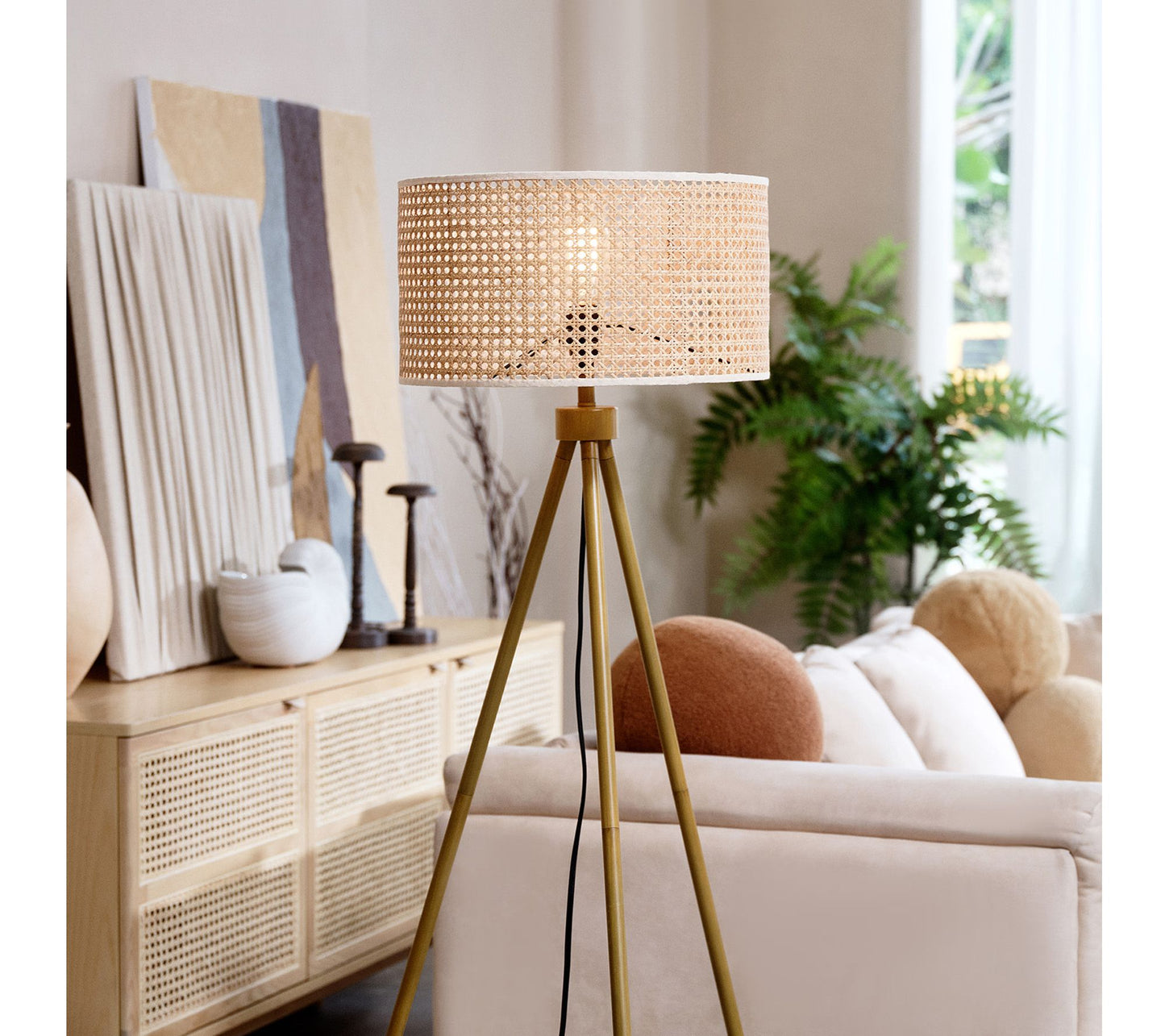 Globe Electric Sandy 60" Faux Wood Floor Lamp w/ Rattan Shade