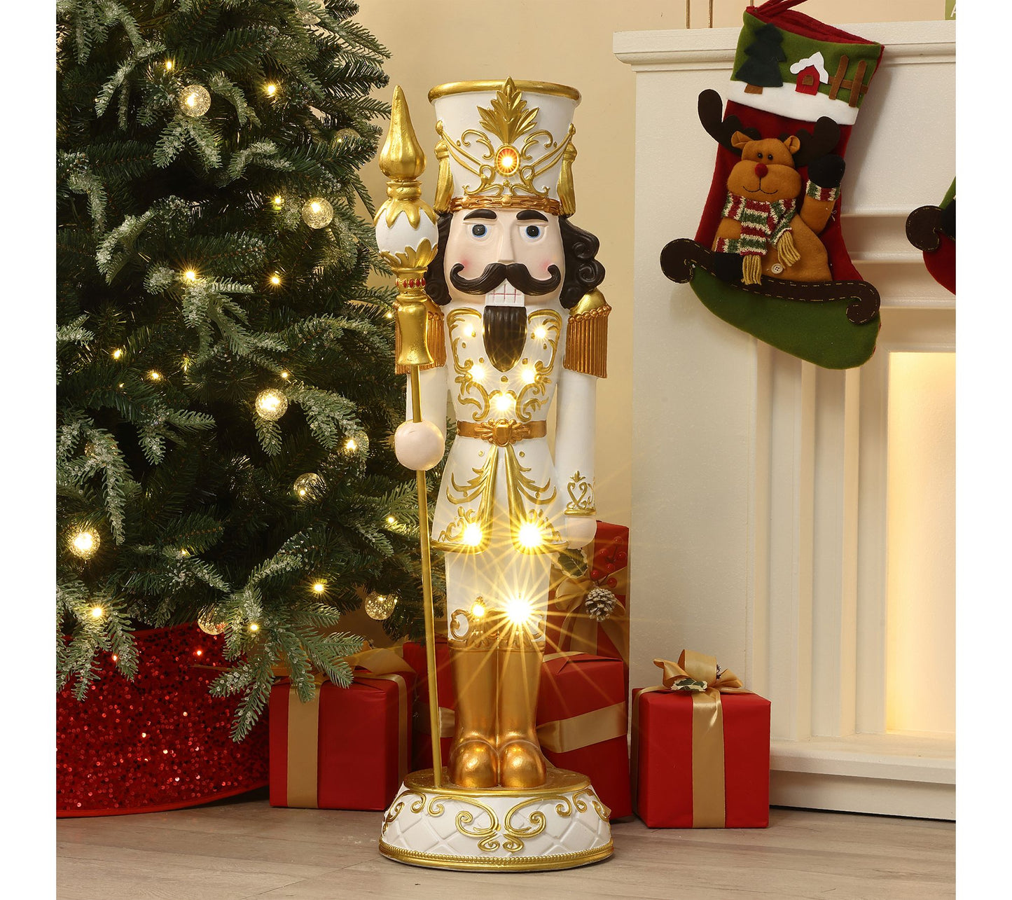 LuxenHome 3ft Lighted White and Gold Nutcrackerwith Scepter