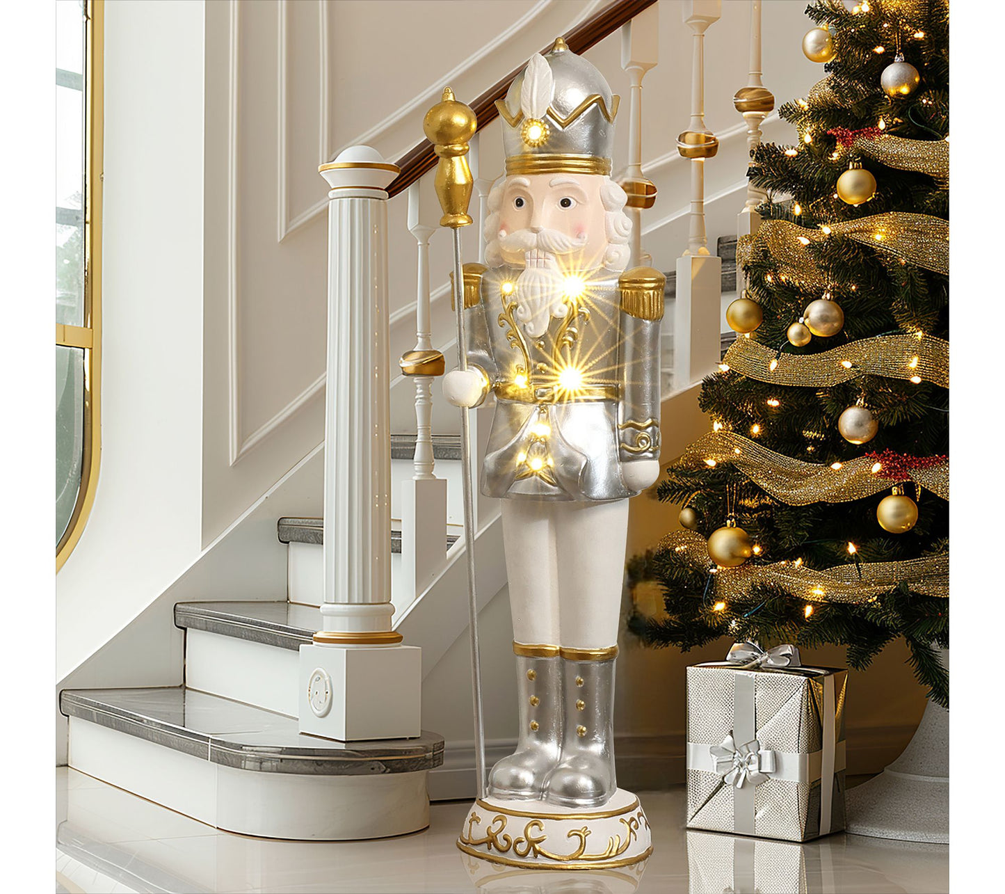 LuxenHome 4ft Lighted Nutcracker King, White, Christmas Decor