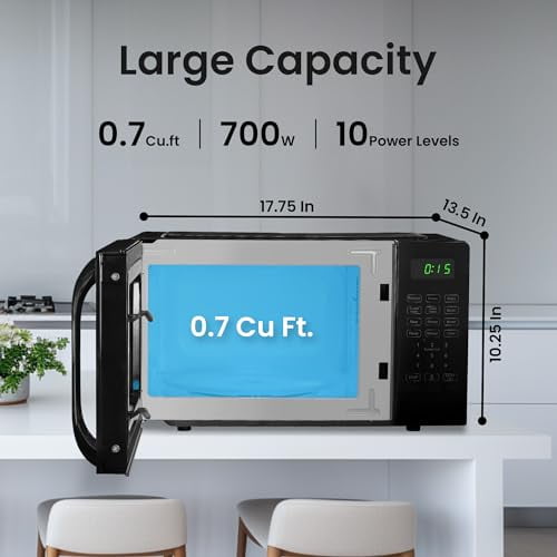 0.7 Cu Ft Microwave Countertop Small with Digital Display, 700 watt Microwave Black has 10 Power Levels & Auto Defrost Function Mini Microwave Oven Compact With Child Lock For Dorm, Home & Office