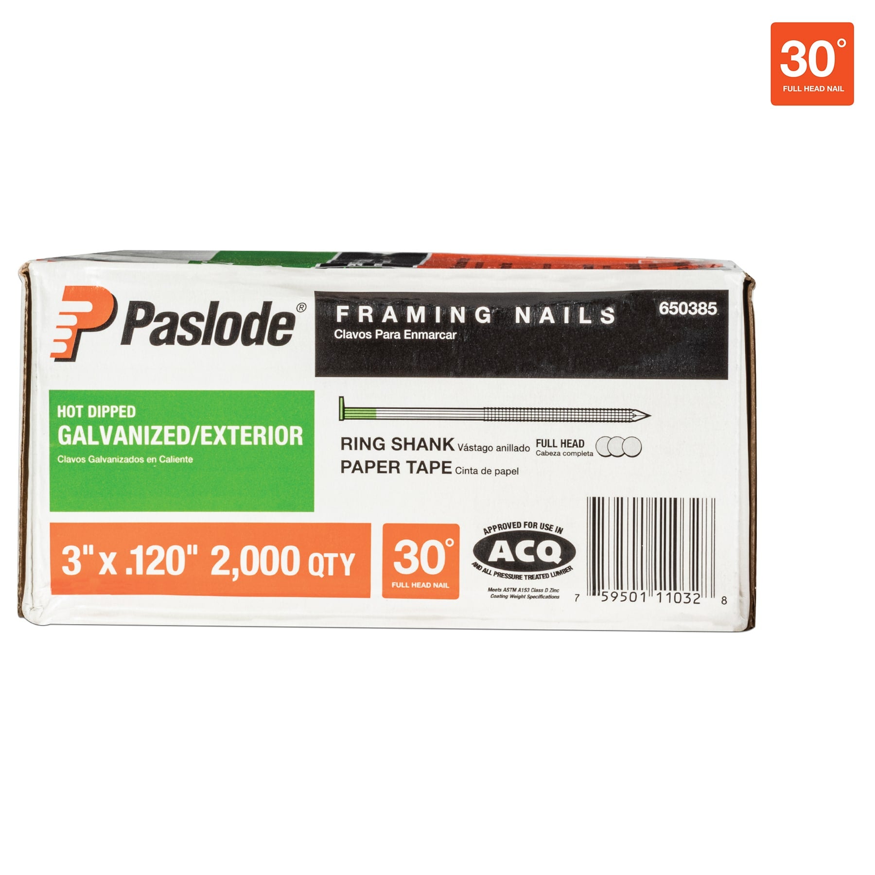 Paslode 3-in x 0.12-in 30 Degree Hot-Dipped Galvanized Ring Shank Collated Framing Nails (2000-Per Box) 650385