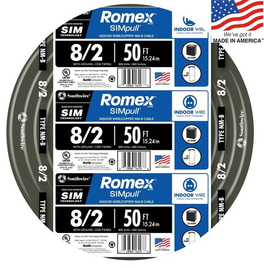 Southwire 50-ft 8/2 Romex SIMpull Stranded Indoor CU NM-B W/G Individual Pack (By-the-roll) 28893622