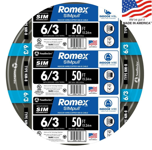 Southwire 50-ft 6/3 Romex SIMpull Stranded Indoor CU NM-B W/G Individual Pack (By-the-roll) 63950032