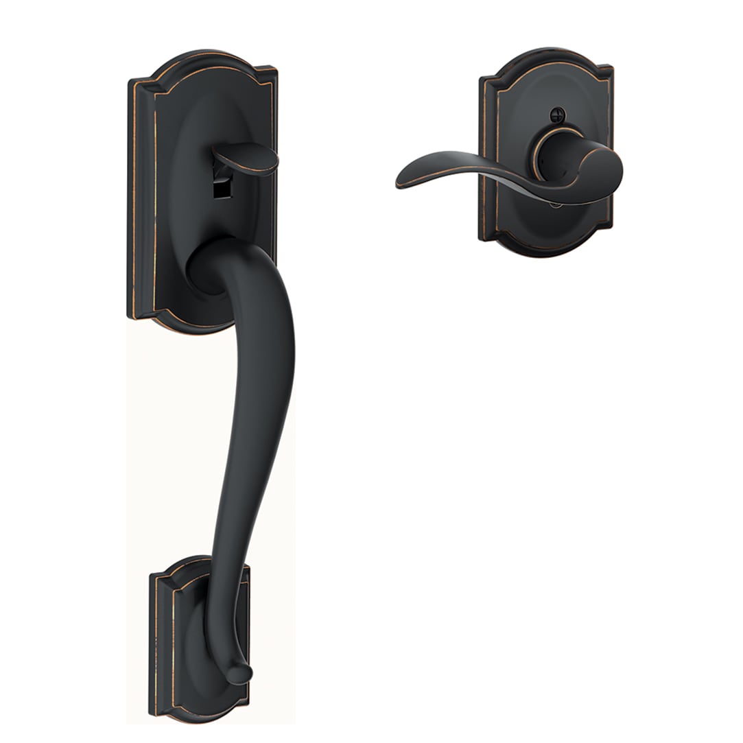Schlage Camelot Aged Bronze Entry Door Handleset with Accent Lever FE285GCAM716ACCCAM