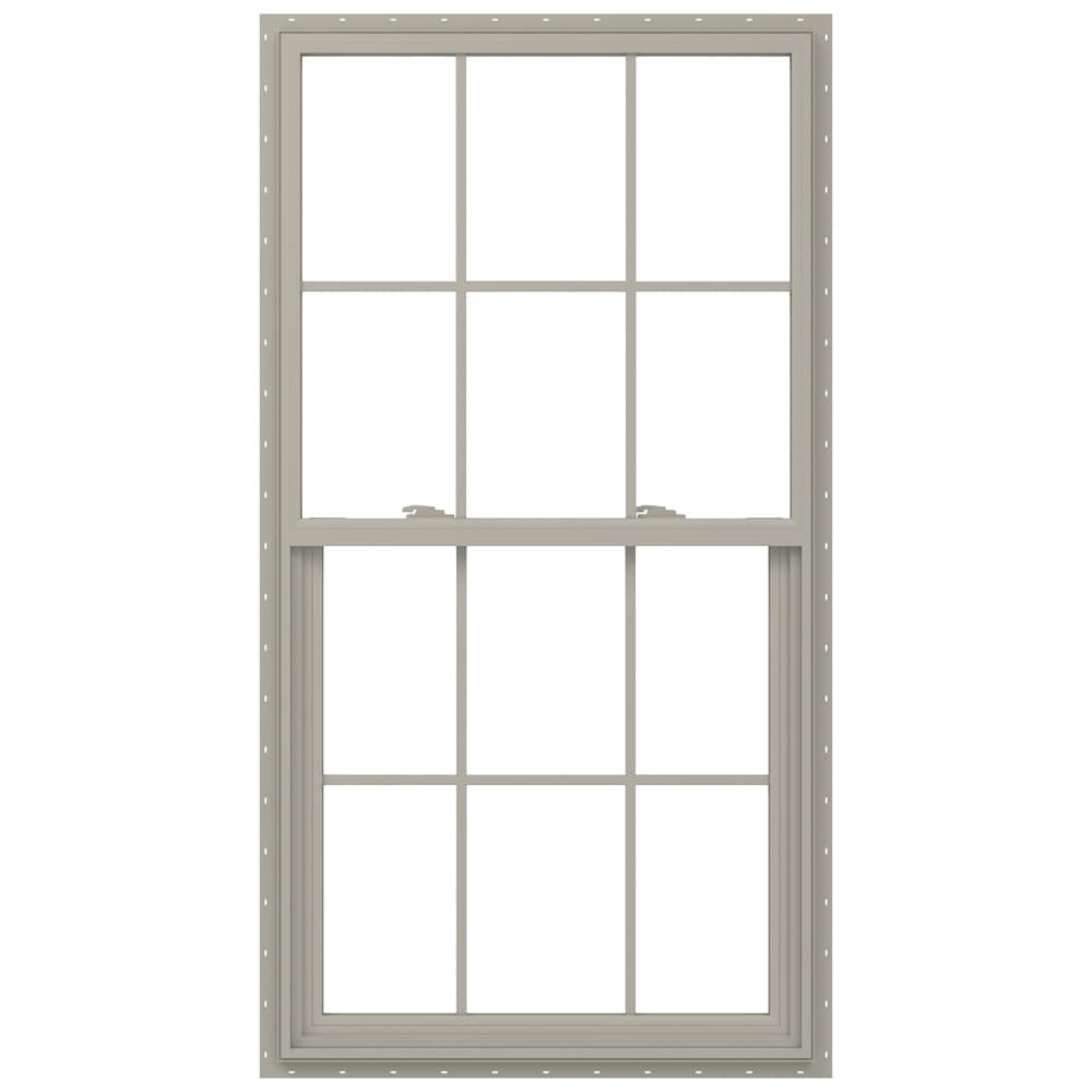 JELD-WEN V-2500 Desert Sand Exterior Vinyl New construction Single Hung Window Low-E argon Double Pane Glass with Grids, (Half Screen Included)