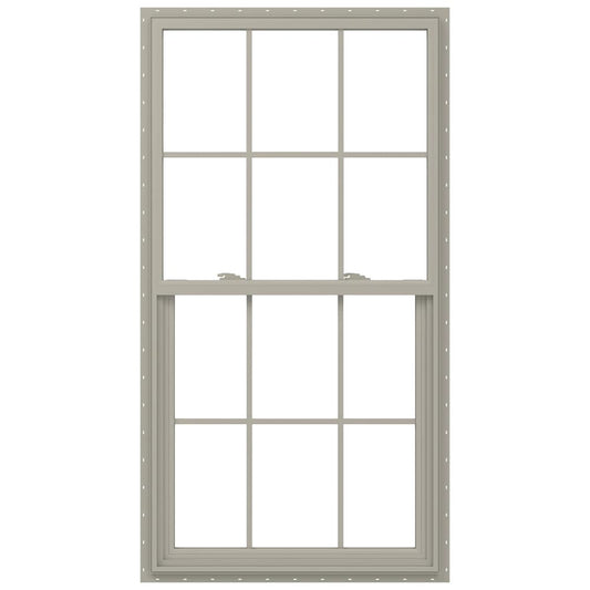 JELD-WEN V-2500 Desert Sand Exterior Vinyl New construction Single Hung Window Low-E argon Double Pane Glass with Grids, (Half Screen Included)