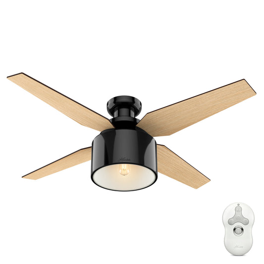 Hunter Cranbrook 52-in Flush Mount Gloss Black with Blonde Oak/Mid Century Walnut Blades With Light and Remote ( 4 -Blade ) 813935