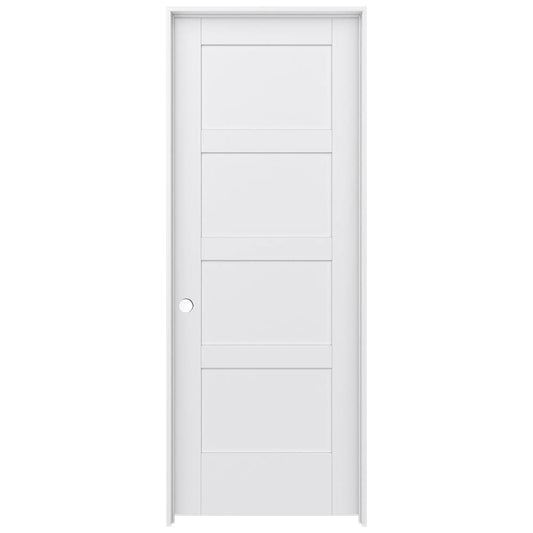 JELD-WEN 32-in x 80-in Primed Solid core 4 panel square Right hand Smooth Primed MDF Flat Jamb Single Prehung Interior Door