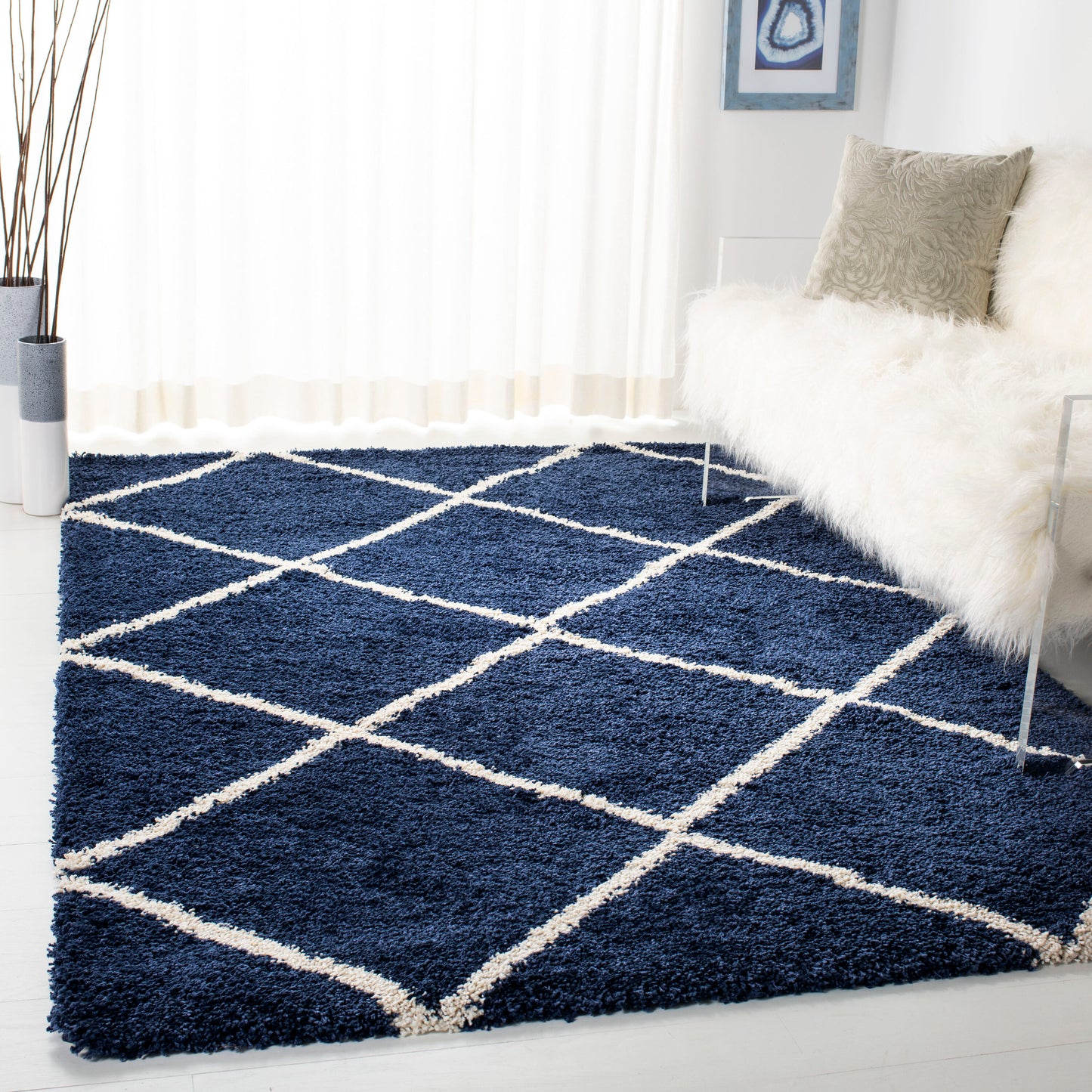 Safavieh Hudson Beckham Shag 10 x 14 (ft) Loomed Navy/Ivory Rectangular Indoor Trellis Area rug