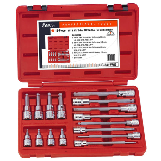 Genius Tools 16 Piece 3/8" & 1/2" Dr. SAE Wobble Hex Bit Socket Set - BS-3416WS