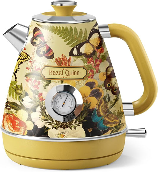 1.7L/57.5 Oz Retro Electric Tea Kettle with Thermometer, All Stainless Steel, 1200W Fast Boiling, BPA - free, Cordless, Automatic Shut Off - Pearl White, Ideal for Home Kitchen & Office Use