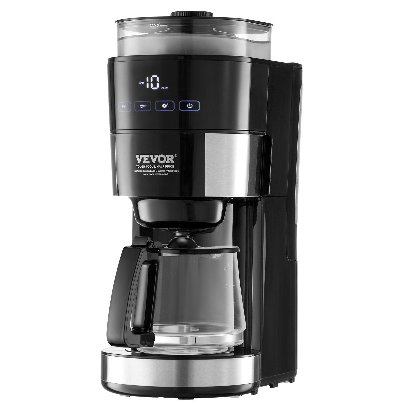10-Cup Coffee Maker Drip Coffee Machine with 3 Brew Strength Control, Adjustable Grinding Coarseness, Suitable for Coffee Beans and Ground Coffee, Includes Paper Filters for Convenient Brewing