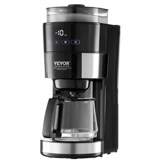 10-Cup Coffee Maker Drip Coffee Machine with 3 Brew Strength Control, Adjustable Grinding Coarseness, Suitable for Coffee Beans and Ground Coffee, Includes Paper Filters for Convenient Brewing