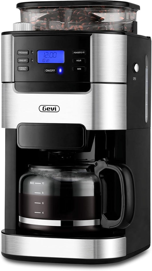 10-Cup Drip Coffee Maker with Built-in Grinder, Programmable Brew Coffee Machine with Timer, Reusable Filter, 1.5L Water Tank, Coffee Pot, Warming Plate Burr Grinder Combo