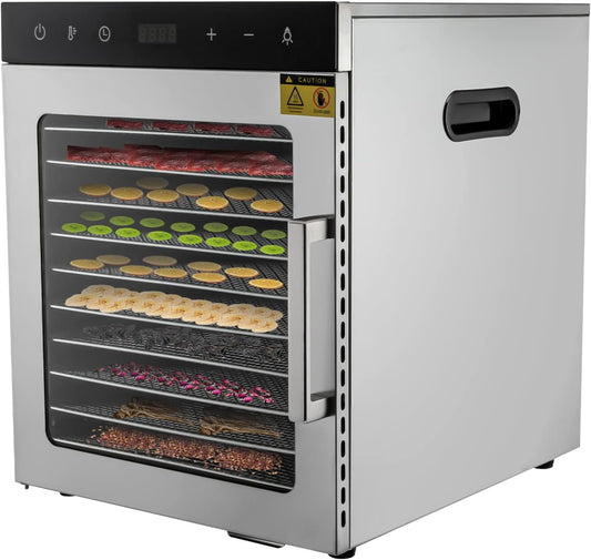 10 Tray Food Dehydrator, 10-pan Commercial Dehydrator Machine Temperature&Time Adjustable LED Operation Panel 800W for Vegetables Fruits Meats Flowers Stainless Steel Dehydrater