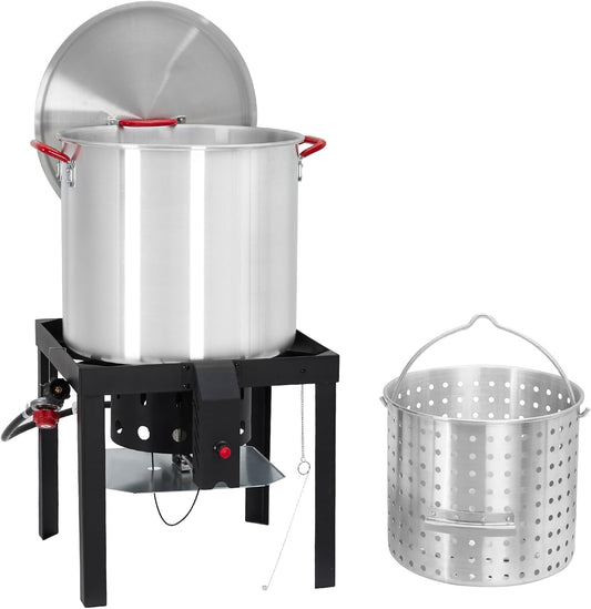 100 Qt Seafood Boil Pot, Aluminum Crawfish Boiler w/Steam/Boil Basket & Strainer, 110000 BTU Propane Stove Burner with Lifting Hook, 10 PSI Regulator, Outdoor Cooking Shrimp Crab Boiler