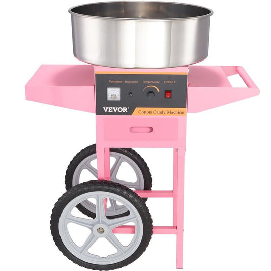 1000W Electric Cotton Candy Machine with Cart Commercial-Grade Floss Maker Features Stainless Steel Bowl Sugar Scoop and Drawer Ideal for Home Use Kids’ Birthdays Family Parties Pink Color Durable and