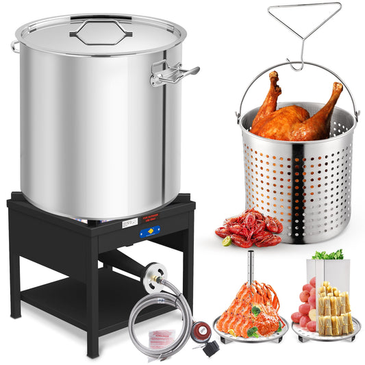 100QT Seafood Boiling Kit, 200,000BTU Propane Burner And Stainless Steel Crawfish Boil Pot w/Basket and Steamer Rack, For Outdoors Cooking and Steaming, Large Turkey Fryer Pot, Lobster Shrimp Pot