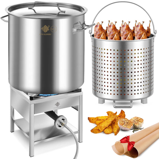 100QT Stainless Steel Seafood Boil Pot with 200,000BTU Propane Burner, w/Basket for Outdoor Deep Fryer, Large Cooking Pot for Turkey Fryer, Crab, Crawfish, Shrimp, Lobster Boiling Stock Pot