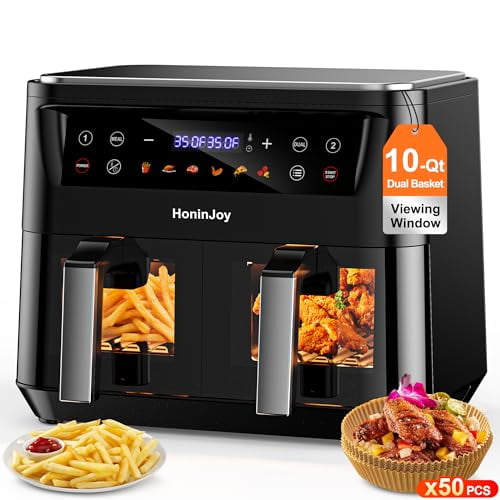 10QT Large Dual Basket Air Fryer with Viewing Window and 50pcs Paper Liners, 10-in-1 Digital Touchscreen Double Zone Air Fryers, SyncCook to Bake, Roast, Reheat, Broil, Nonstick Dishwasher Safe