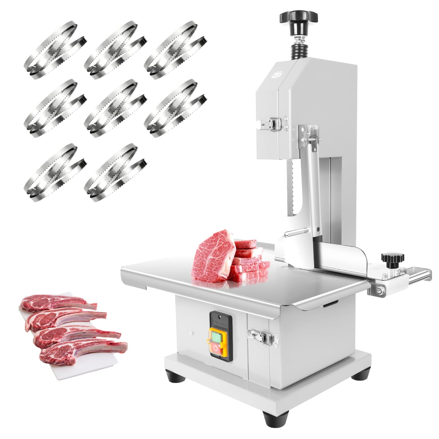 110V 1500W Electric Bone Saw Machine, Meat Bandsaw with 8 Saw Blades & 19"x14" Workbench, Stainless Steel Frozen Meat Cutter, 0.04"-4" Thickness, Meat Cutting Machine for Restaurant, Pork, Chicken