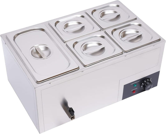 110V 5-Pan Commercial Food Warmer,600W Electric Stainless Steel Steam Table with Temperature Control,Professional Buffet Server Food Warming Tray with Lid for Catering Restaurants (Small 5-Pan)