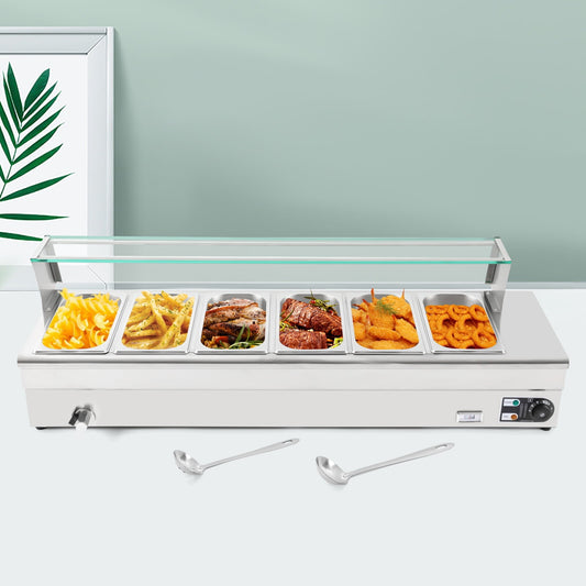 110V Bain Marie Food Warmer 6 Pan x 1/3 GN, Food Grade Stainelss Steel Commercial Food Steam Table 6-Inch Deep, 1200W Electric Countertop Food Warmer 19 Quart with Tempered Glass Shield