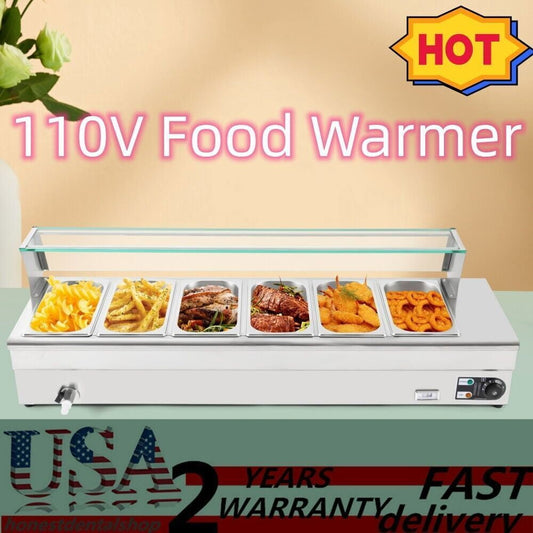 110V Commercial Food Grade Stainelss Steel Bain Marie Food Warmer 6 Pan x 1/3 GN