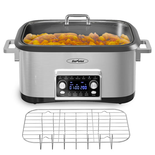 12 in 1 Programmable 8 Quart Slow Cooker, Multi-Cooker Food Warmer with Digital Timer, Temp Control, Removable Cast Aluminum Pot & Dishwasher-Safe Tempered Glass Lid, Stainless Steel
