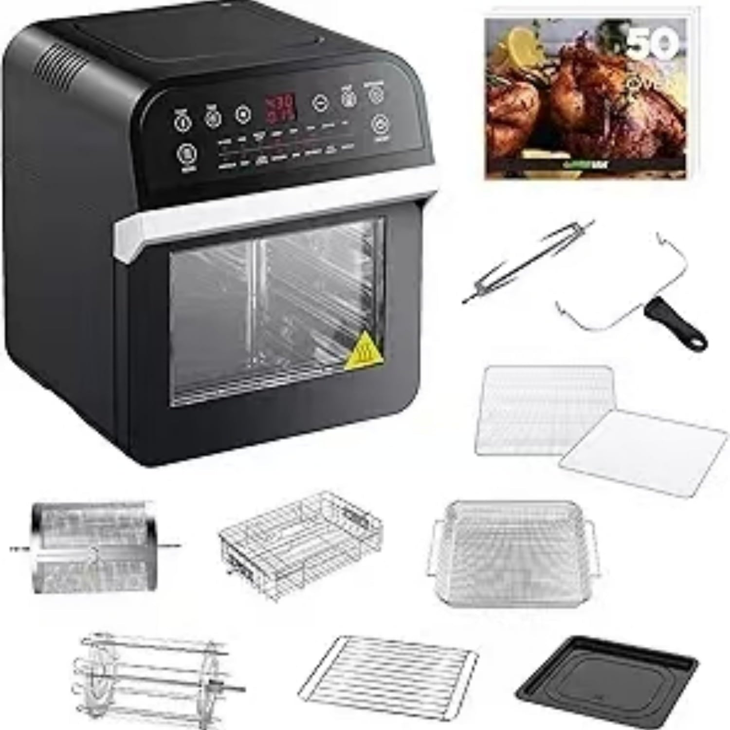 12.7-Quarts 15-in-1 Electric Air Fryer Oven with Rotisserie and Dehydrator + 50 Recipes QT, Black/Silver